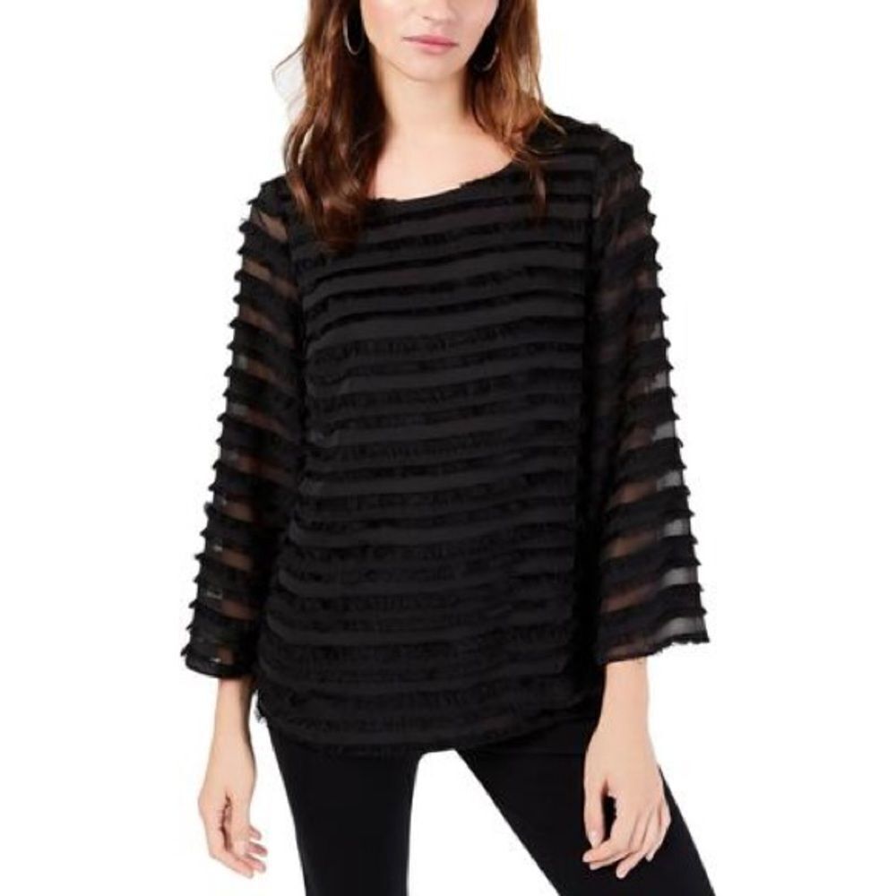 Alfani Striped-Lantern Sleeve Fringed Blouse Sz Lg